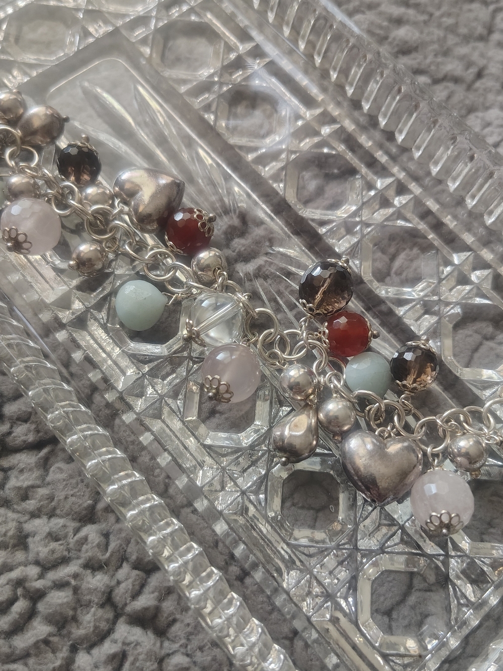 Silver Heart Charm Beaded Bracelet with Multicolor Gem Beads